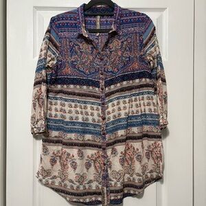 Bohemian Feel Aratta Silent Journey Artsy Paisley Button Down Tunic Small